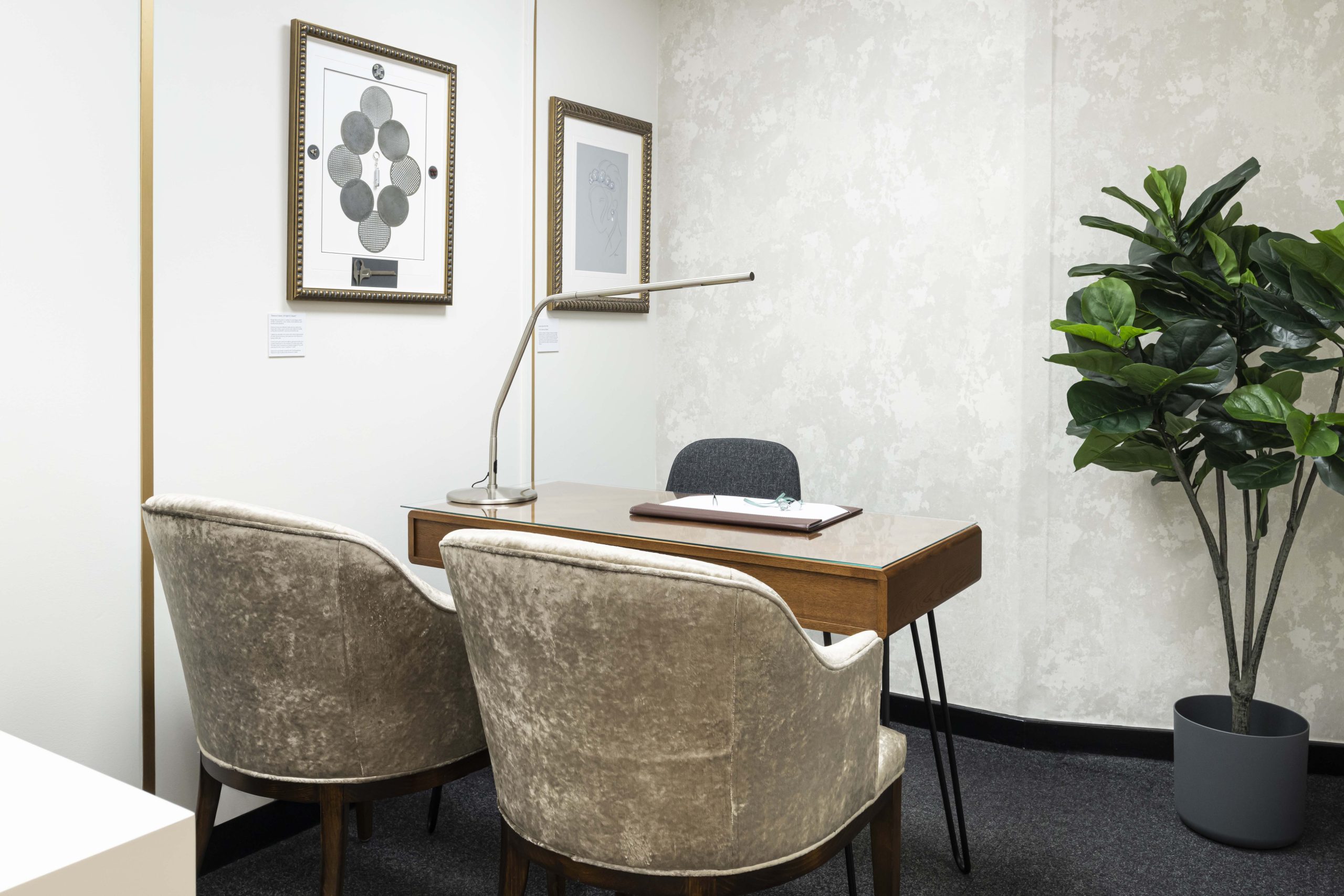A viewing room set for two, with a desk, daylight lamp and velvet chairs beside a potted plant