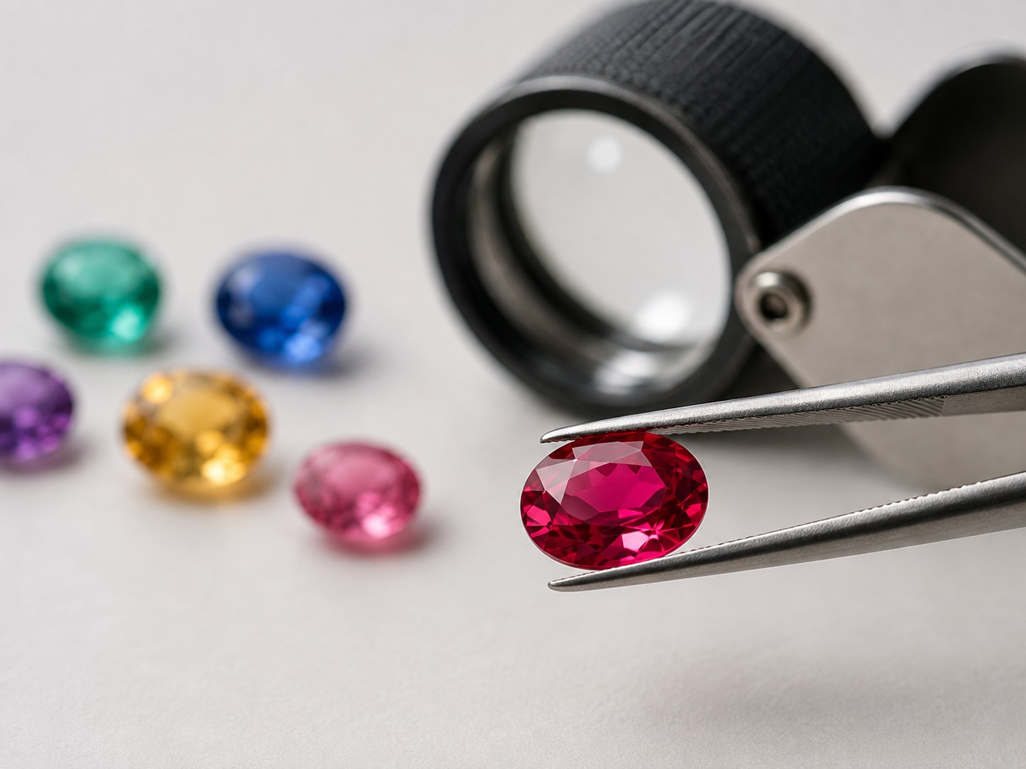 Ruby gemstone held by tweezers with a loupe