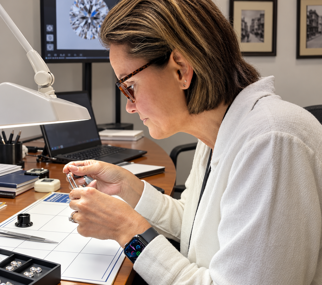An attendee assessing a polished diamond with tweezers and a loupe at a grading desk during a Practical Diamond Knowledge course