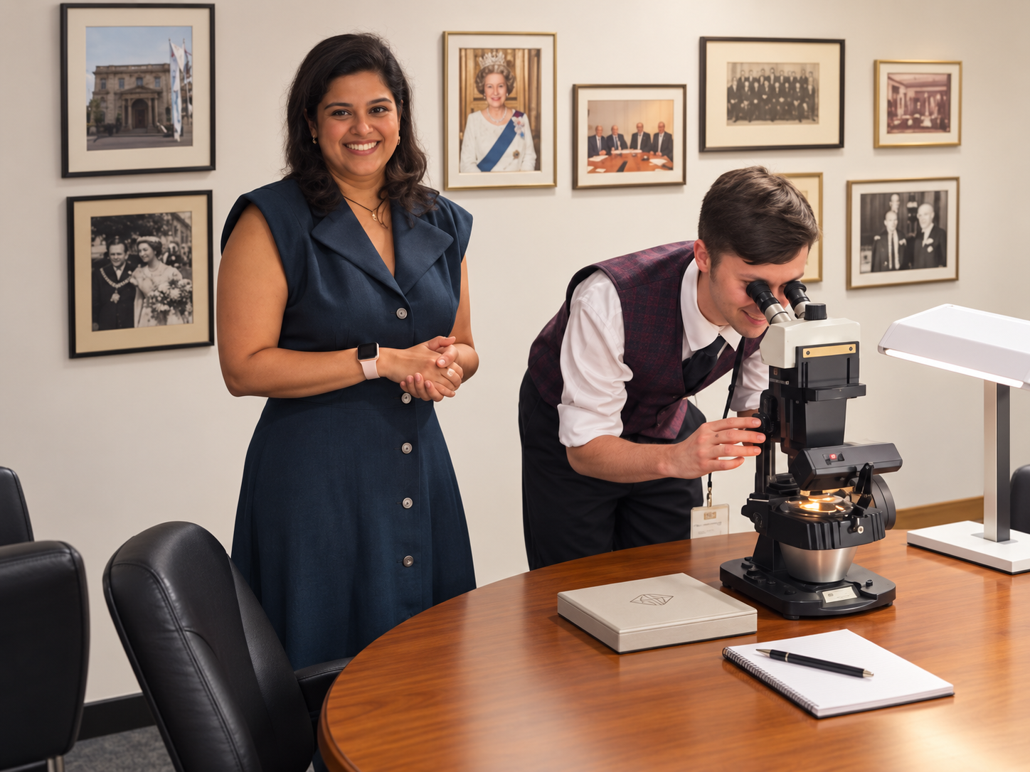 Shaheen Bandukwalla with an attendee examining a gemstone under a microscope during a Selling Coloured Gemstones course at the London Diamond Bourse